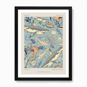 Pastel Blue White Tip Reef Shark Watercolour Seascape Pattern 2 Poster Art Print