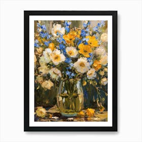 Blue And Yellow Flowers In A Vase Art Print