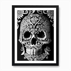 Sugar Skull Day Of The Dead Inspired Skull Linocut Art Print