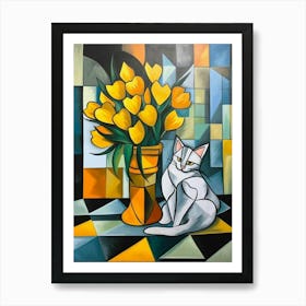 Daffodils With A Cat 4 Cubism Picasso Style Art Print