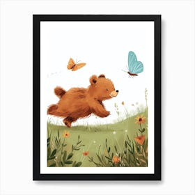 Brown Bear Cub Chasing After A Butterfly Storybook Illustration 4 Art Print