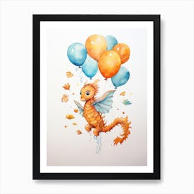 Seahorse Flying With Autumn Fall Pumpkins And Balloons Watercolour Nursery 2 Art Print