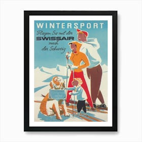 Family Enjoying Snow Skiing Vintage Poster Art Print