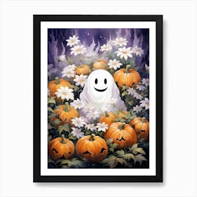 Cute Bedsheet Ghost, Botanical Halloween Watercolour 84 Art Print