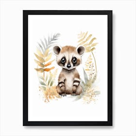 Watercolour Jungle Animal Baby Coati 2 Art Print