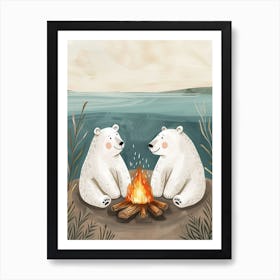 Polar Bear Two Bears Sitting Together By A Campfire Storybook Illustration 4 Art Print