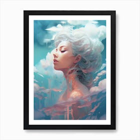 Woman's face in floating islands of crystalline structures Art Print