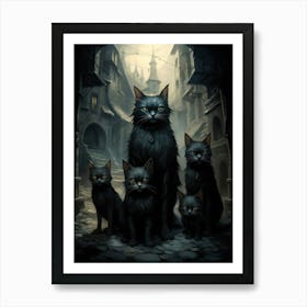 Spooky Black Cat In Smoky Medieval Street Art Print
