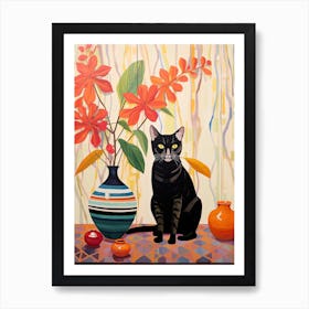 Lotus Flower Vase And A Cat, A Painting In The Style Of Matisse 2 Art Print