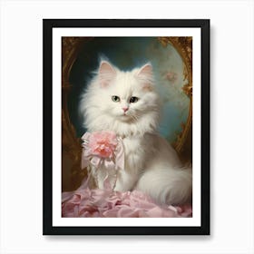 White & Pink Cat Rococo Style 2 Art Print