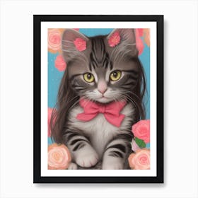 Cute Kitten With Pink Roses Art Print