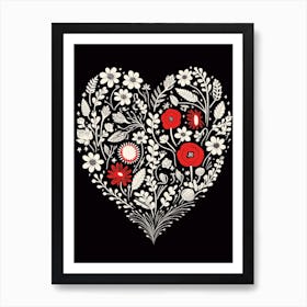 Folky Red & Black Heart Pattern 3 Art Print