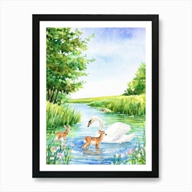 Watercolor Painting Capturing The Essence Of A Serene Wildlife Paradise Featuring A Pair Of Newborn Art Print