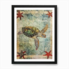 Sea Turtle & Star Fish Textured Collage 4 Art Print