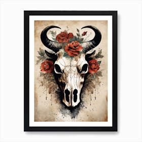 Vintage Boho Bull Skull Flowers Painting (51) Art Print