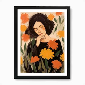 Woman With Autumnal Flowers Calendula 1 Art Print
