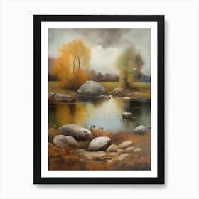 Autumn Lake,Forest Lake, Vintage Oil Painting, Farmhouse Wall Decorations, Antique Landscape, Vintage Landscape Oil Painting.1 9 Art Print