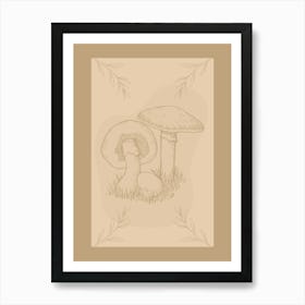 Mushroom Sketch in Grass on Beige Neutral Background in the Nature Garden Art Print