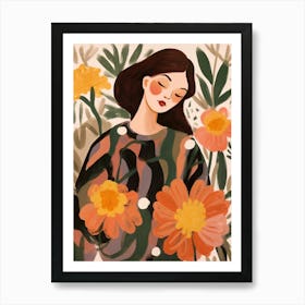 Woman With Autumnal Flowers Peony 3 Art Print