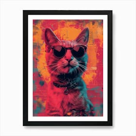 Cat In Sunglasses, Abstract Collage In Monoprint Splashed Colors Art Print