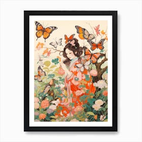 Women In The Meadow With Butterflies Japanese Style Painting Art Print