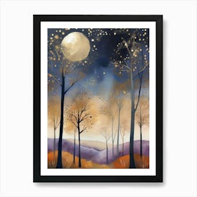 Cosmic Fall Night،
An ethereal boho painting that captures the beauty of a fall night sky. The background is a deep navy, speckled with tiny stars, while the foreground features silhouettes of autumn trees in shades of charcoal and dark olive. The moon is painted in a glowing silver, surrounded by soft wisps of mist in pale gold and lavender.
.6 Art Print