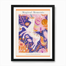 Unicorn Playing Basketball Folky Orange Purple Poster Art Print