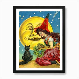 Young Witch With Her Cat And A Big Yellow Moon Art Print