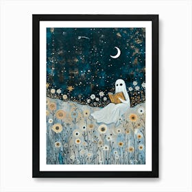 Cute Ghost Reading Under the Moon and Stars Botanical Library Bedroom Book Nook Art | Spooky Beautiful Funny Print Painting Lovely Artwork in HD Art Print