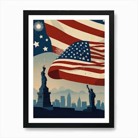 American Flag And Statue Of Liberty Art Print