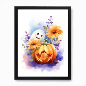 Cute Ghost With Pumpkins Halloween Watercolour 108 Art Print