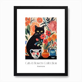 Cats & Flowers Collection Anemone Flower Vase And A Cat, A Painting In The Style Of Matisse 3 Art Print