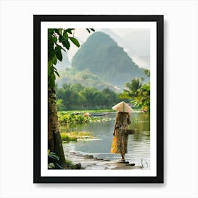 Woman Walks Along A River Art Print