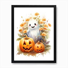 Cute Ghost With Pumpkins Halloween Watercolour 93 Art Print