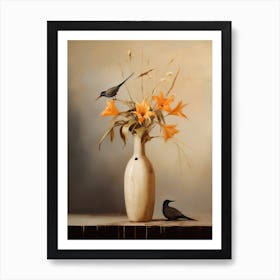 Bird Of Paradise, Autumn Fall Flowers Sitting In A White Vase, Farmhouse Style 4 Art Print