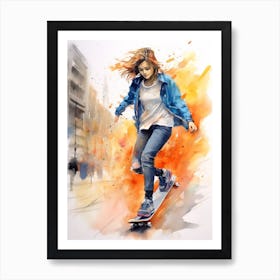 Girl Skateboarding In Barcelona, Spain Watercolour 1 Art Print