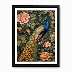Navy Blue Vintage Floral Peacock 1 Art Print