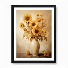 Sunflower, Autumn Fall Flowers Sitting In A White Vase, Farmhouse Style 3 Art Print