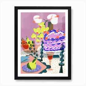 Heart Cake And Orchid Flowers Dining Table Food Still Life Art Print