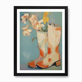 Painting Of White Flowers And Cowboy Boots, Oil Style 4 Art Print