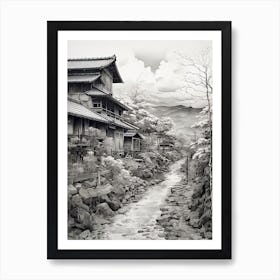 Shirakawa Go In Gifu, Ukiyo E Black And White Line Art Drawing 3 Art Print