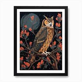 Vintage Bird Linocut Great Horned Owl 1 Art Print