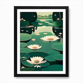 Pond With Lily Pads Water Waterscape Retro Illustration 1 Art Print