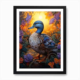 Floral Ornamental Duckling Painting 1 Art Print