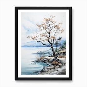 Lake Toya In Hokkaido, Japanese Brush Painting, Ukiyo E, Minimal 2 Art Print