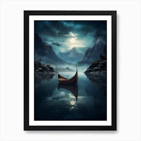 Viking Boat In The Night Art Print