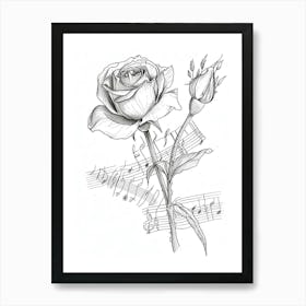 English Rose Music Line Drawing 3 Art Print