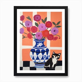 A Painting Of A Still Life Of A Carnations With A Cat In The Style Of Matisse 1 Art Print