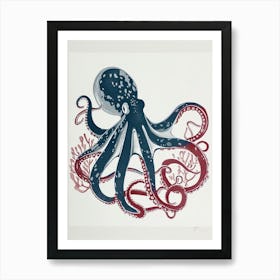 Octopus Red & Blue Silk Screen Inspired 2 Art Print