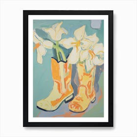 Painting Of White Flowers And Cowboy Boots, Oil Style 2 Art Print